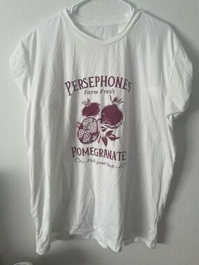 SHEIN White Short Sleeve Tee with Burgundy Pomegranate Graphic